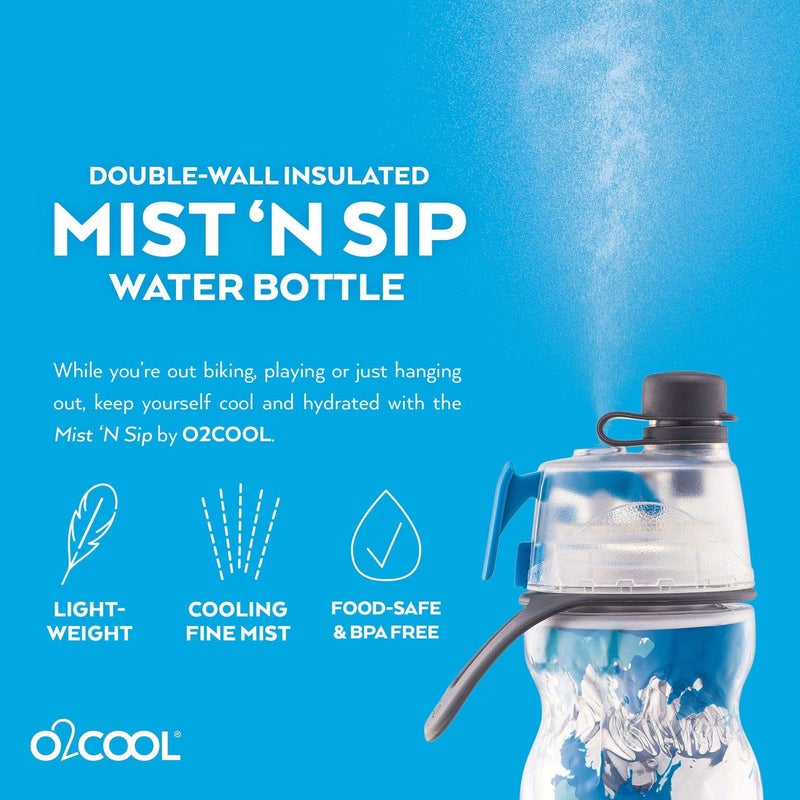 O2COOL Mist 'N Sip Misting Water Bottle 2-in-1 Mist And Sip Function With No Leak Pull Top Spout Reusable Sports Water Bottle - 20 oz (2 Pack Splash Blue) - Image 4